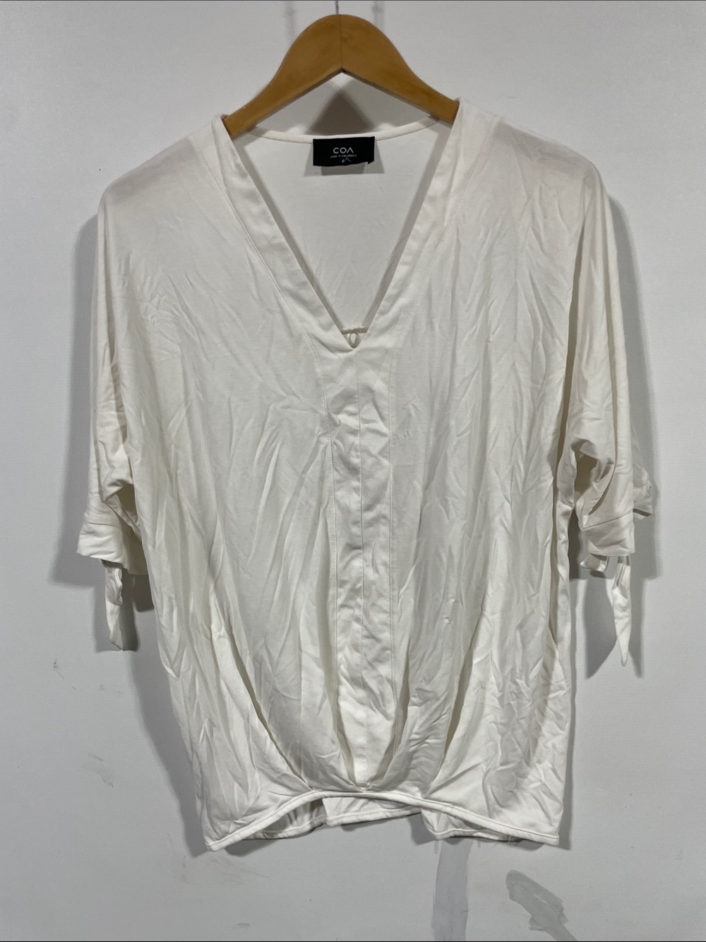 COA White V-Neck Twist-Front Tie-Sleeve Blouse